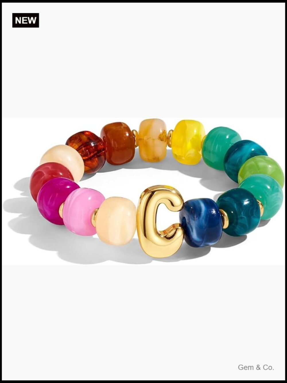 Chunky Beaded Stretch Bracelet with Bubble Letter Charm, Statement Initial